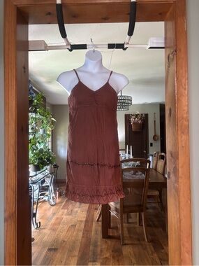 Cynthia Mehra Women’s 100% Cotton Brown Slip Style Dress with Embroidered Hem
